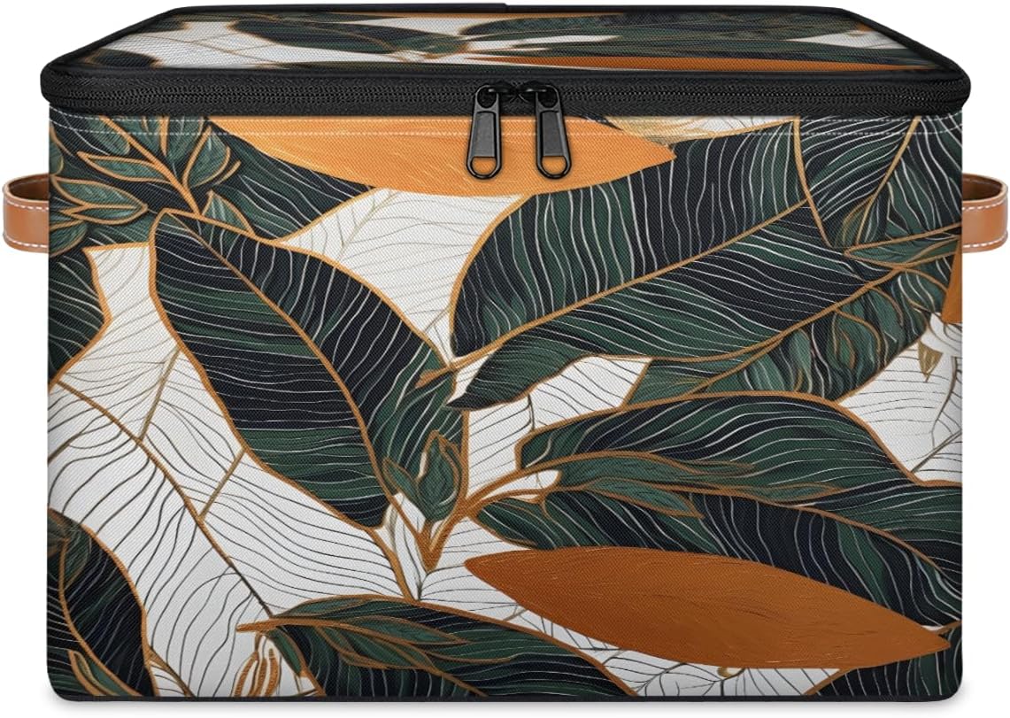 Storage Bin Set of 2 Abstract Art Leaf Storage Basket with Zipper Lid & Handle Foldable Closet Shelf 2 Pack Cloth Organizer Basket Cube Bins Clothes Organizer for Bedroom, Nursery