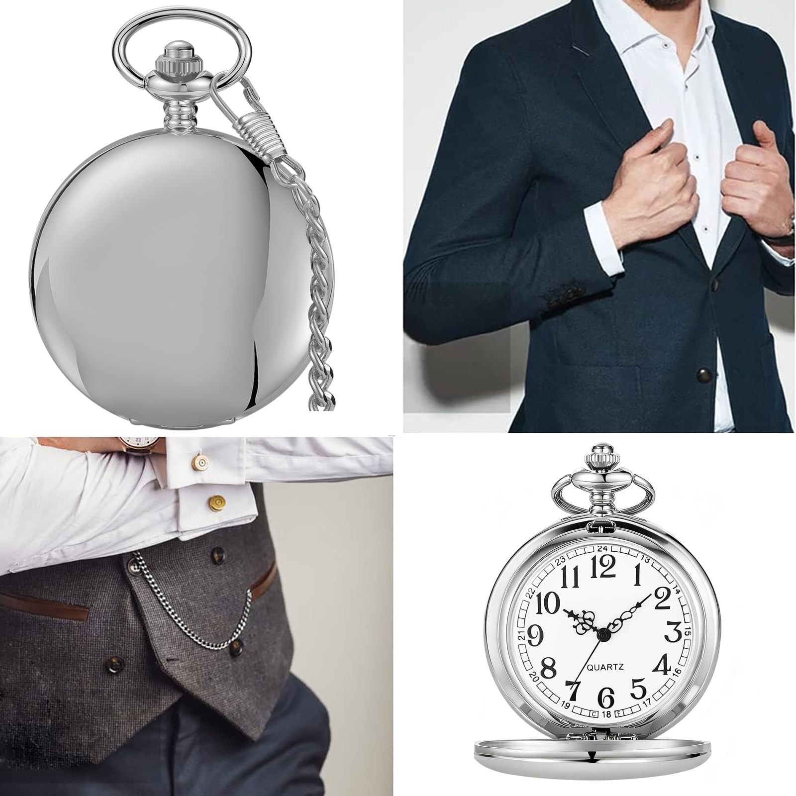 Tiong Reloj de Bolsillo clásico de Cuarzo de Acero Suave con Cadena de números Romanos para Hombres y Mujeres, Reloj de Bolsillo con Colgante para el día del Padre, Regalo de cumpleaños