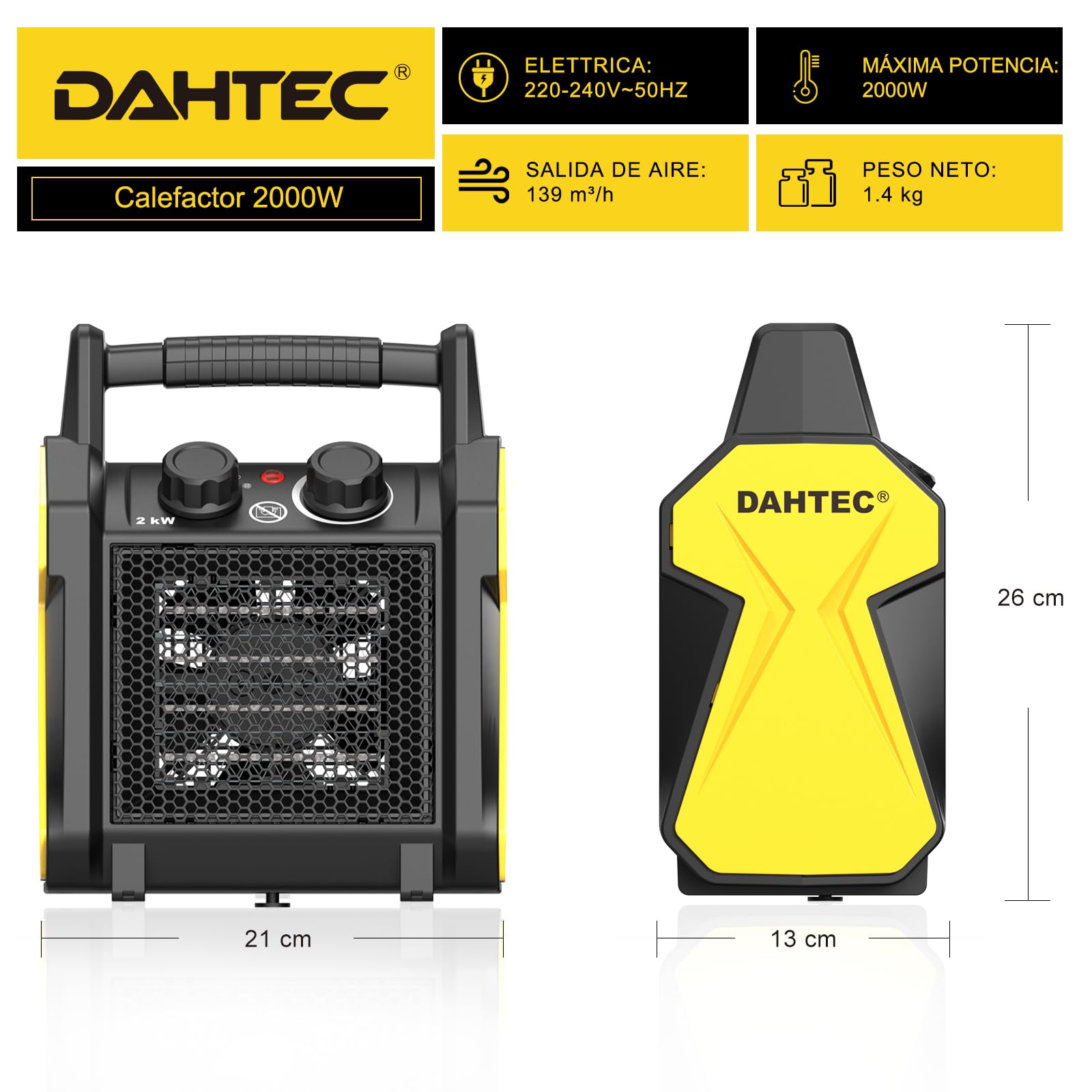 Calefactor Bajo Consumo 2000W - Ceramico Aire Caliente - Protección Antivuelco & Termostato - Apto para Hogares, Baños