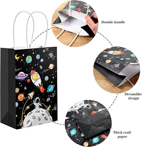 Miniatura 3 de Paquete de 12 bolsas de regalo para el espacio exterior, bolsas de regalo para niños con asas de planeta galaxia, bolsas de regalo, bolsas de papel