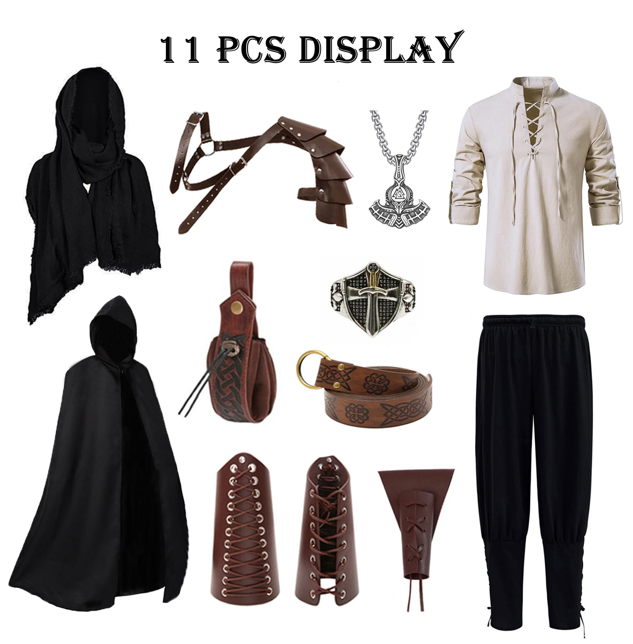 Akokvlar Conjunto de 10 piezas de disfraz de pirata medieval para hombre, pantalones vikingos con bandas en el tobillo