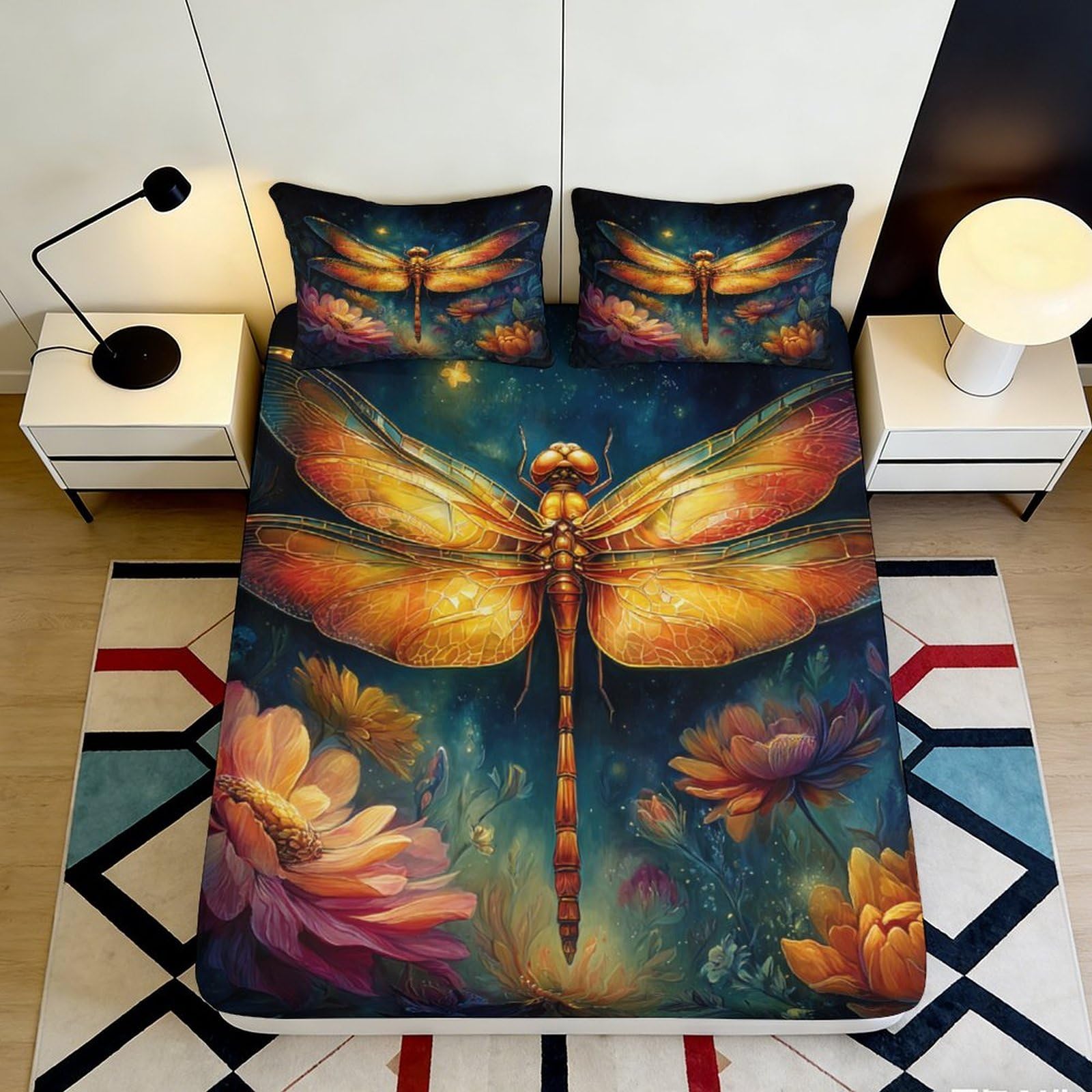 3D Printed Dragonfly Fitted Sheet Microfiber Soft Breathable Floral Bed Cover for Bedroom Dormitory Guest Room Mattress Protection Decor 180x200x25cm