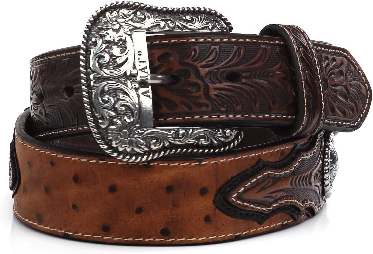 ARIAT Men's Faux Ostrich Leather Belt with Floral Emboss and Silver Conchos - Image 2