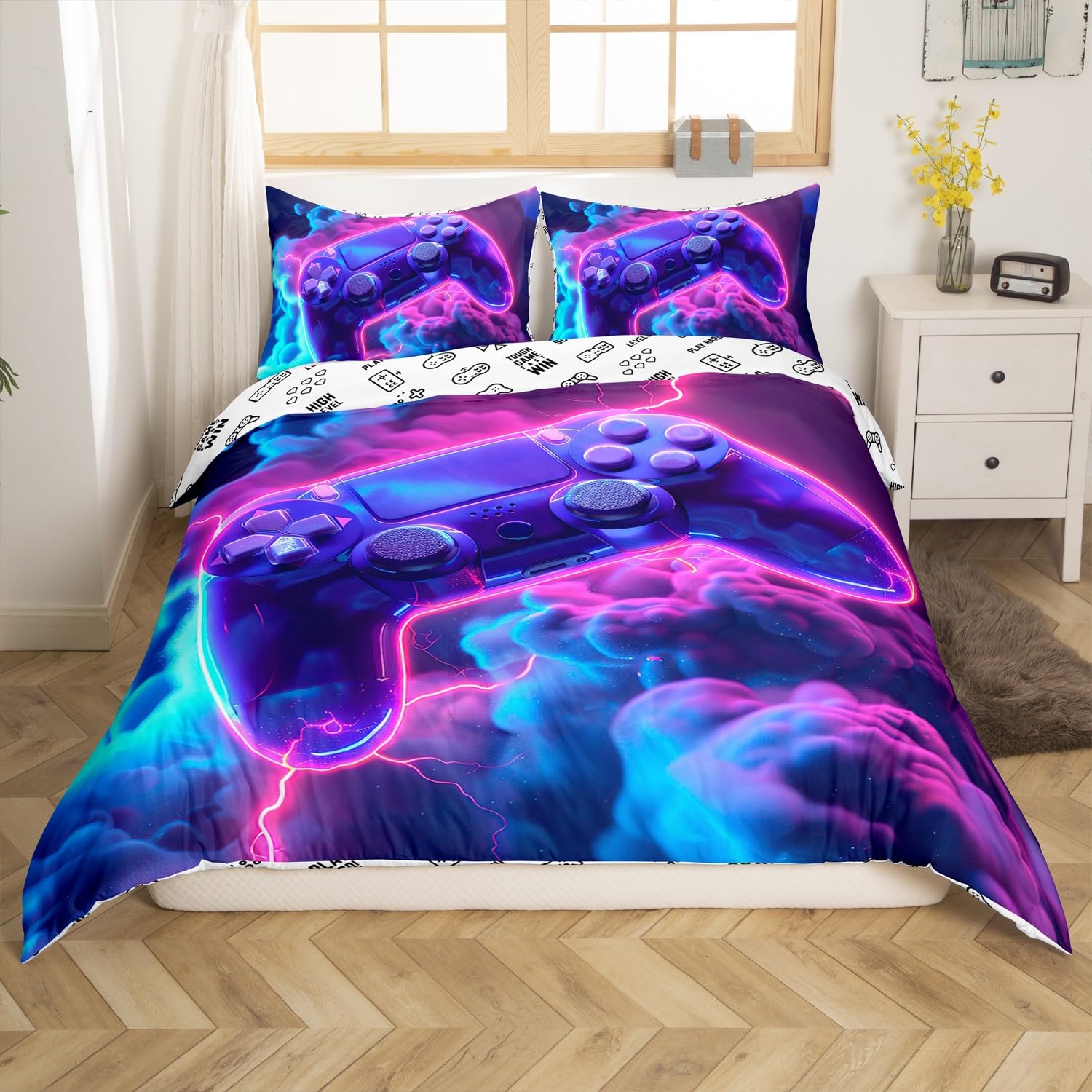 Loussiesd Gamer Duvet Cover Gaming Bedding Set for Kids Boys Girls Room Decor Game Room Decor Gamepad Game Flash Cloud Comforter Cover Set Single Size Gradient Purple 2Pcs Zipper - Image 2