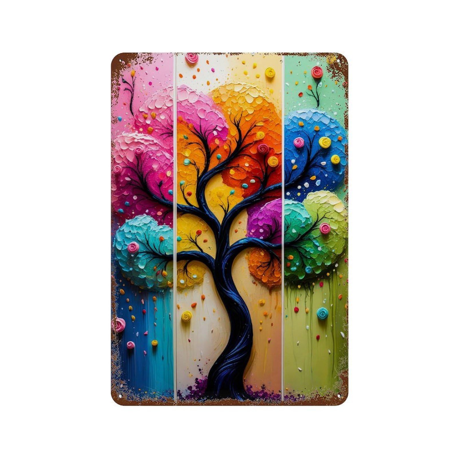 Garage Style Colorful Abstract Tree Art Weathered Tin Sign 11.8"x7.9", Farmhouse Wall Decor for Bar And Workshop