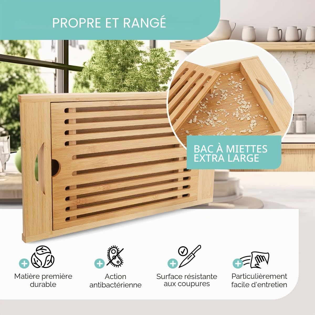 Planche à pain avec compartiment ramasse-miettes en bois de bambou