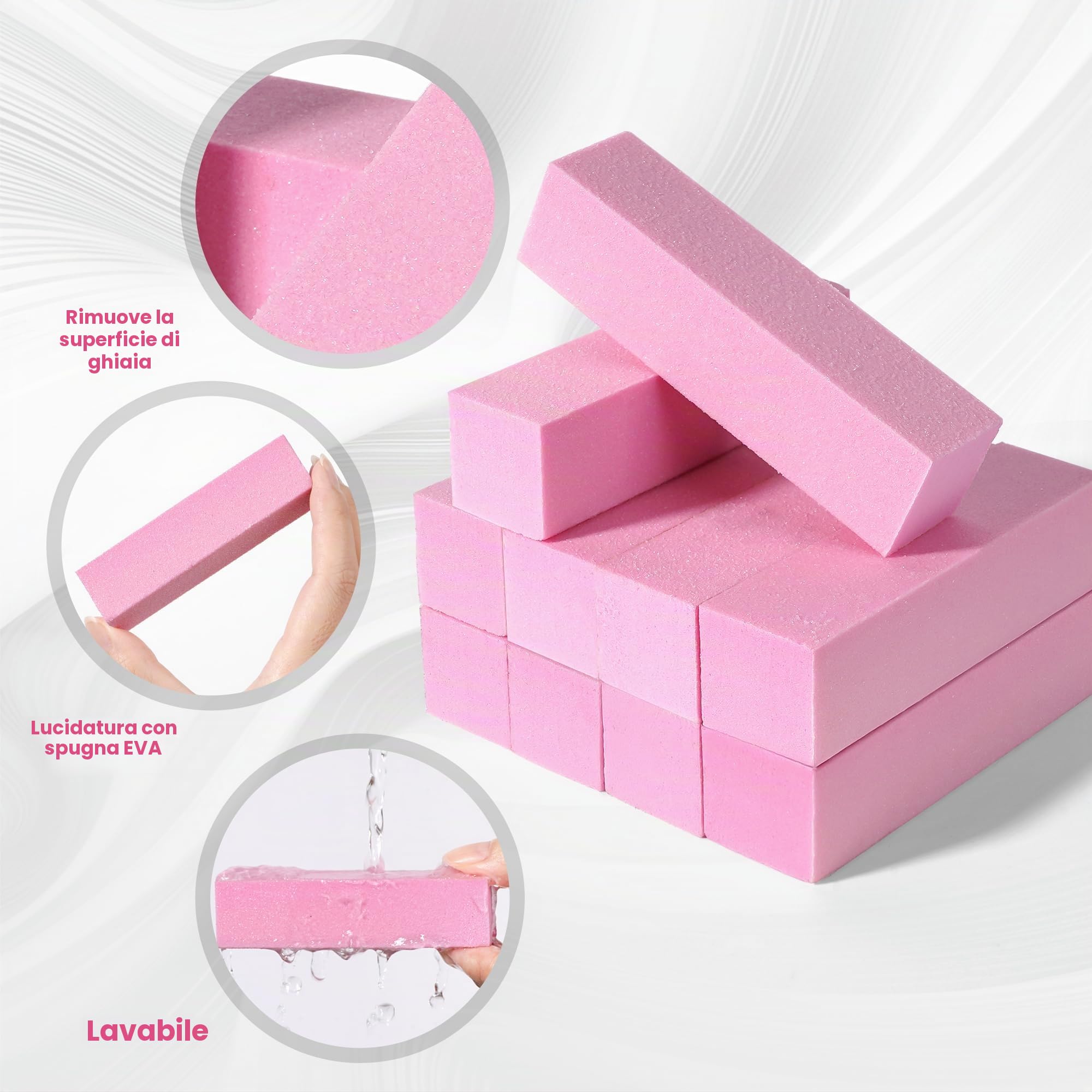 Set di 10 blocchi leviganti per unghie, lima levigante professionale per unghie in acrilico o gel naturale, 4 lati lavabili per manicure – Rosa
