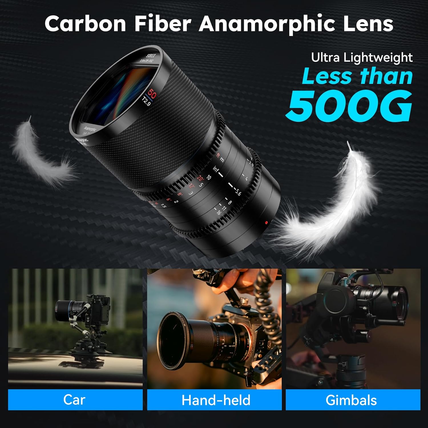 SIRUI Saturn 50mm T2.9 1.6X Full Frame Carbon Fiber Anamorphic Lens, Cine Lens for RF Mount Cameras, Less Than 500g (Neutral Flare)