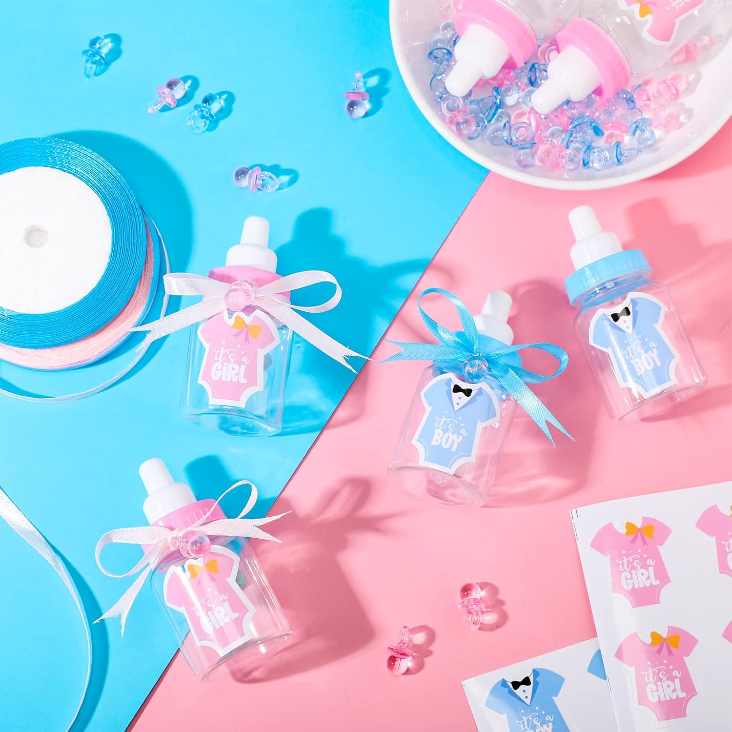 162 Pcs Gender Reveal Baby Shower Favors 48 Mini Milk Bottles Plastic Baby Candy Bottle 48 Mini Pacifiers Tiny Plastic Pacifiers 64 Pcs It's a Boy Girl Gender Reveal Stickers 2 Roll Ribbon