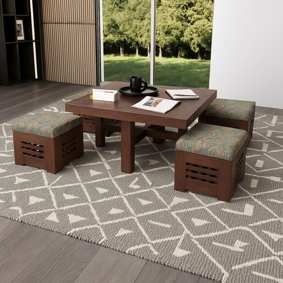 Sheesham Wood Coffee Table | Wooden Coffee Table with 4 Stool | Coffee Table for Living Room | Furniture for Home & Hotels | Colour - Walnut Finish with Grey Cushion-image-13