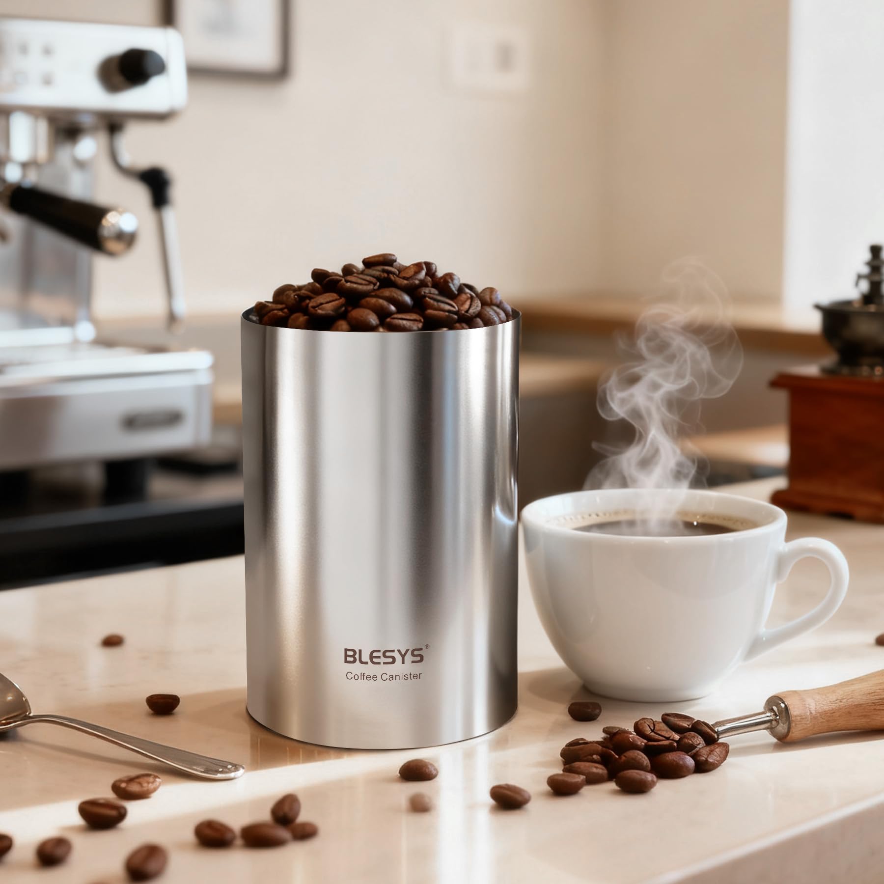 BLESYS Intelligente Vakuum Kaffeebohnenbehälter, automatischer Lebensmittelbehälter aus Edelstahl, LCD Überwachung, Frische auf Knopfdruck, Datumsanzeige, fasst 20 Unzen Kaffeebohnen(Schwarz 1,8l)