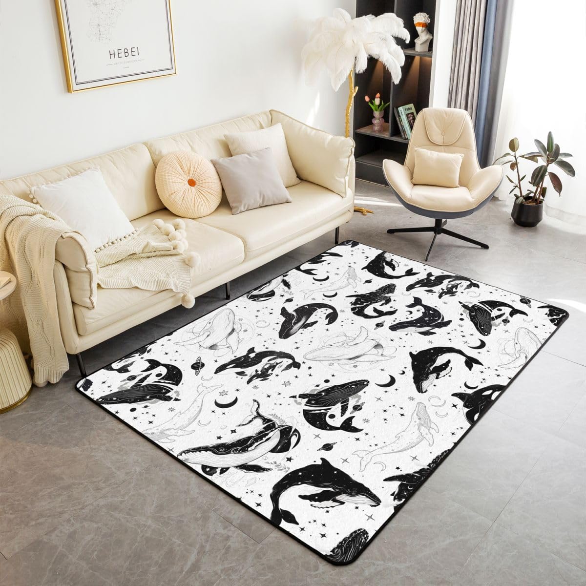 Manfei Wal Bereich Teppiche,Boho Sterne Mond Rutschfester Teppich Hand gezeichnet Sealife Indoor Fußbodenmatte Home Wohnzimmer Dekor,100 x 150 cm