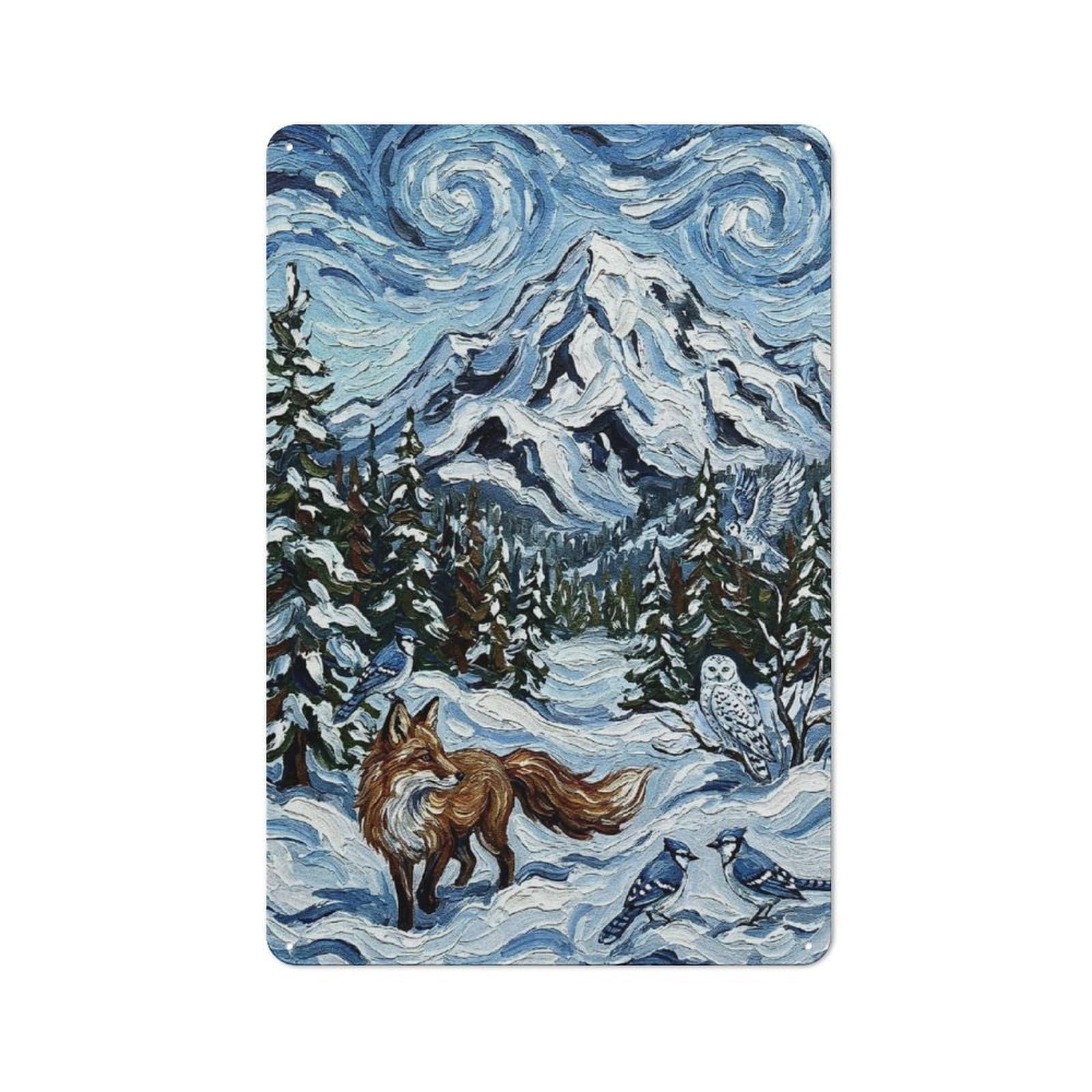 Junmoney Style-5 Tin Wall Plaque 30X20cm With Winter Landscape With Fox And Birds For Studio Or Craft Room, Suited To Studio Decor Lovers