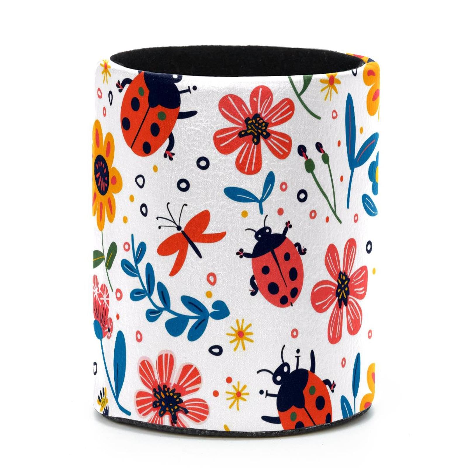 VAPOKF Round Pencil Holders for Desk, Ladybugs Florals Pen Holders Pen Pot Makeup Brushes Storage Desktop Stationery Supplies Organiser for Home Office