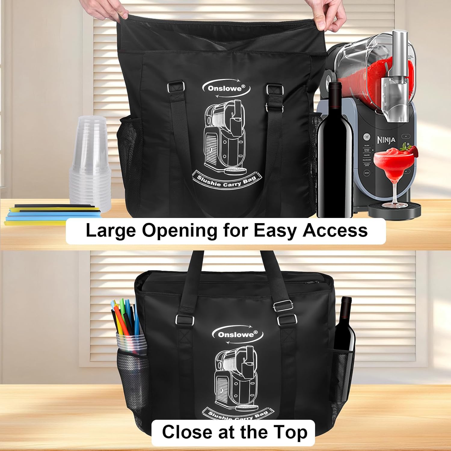 Carrying Bag for Ninja Slushie Machine FS301/FS301C/FS299/FS300 - Portable Outdoor Travel Bog, Large Accessory Pocket & Waterproof, Ninja Slushie Machine Carrying Bag for Frozen Drink Maker (Black)