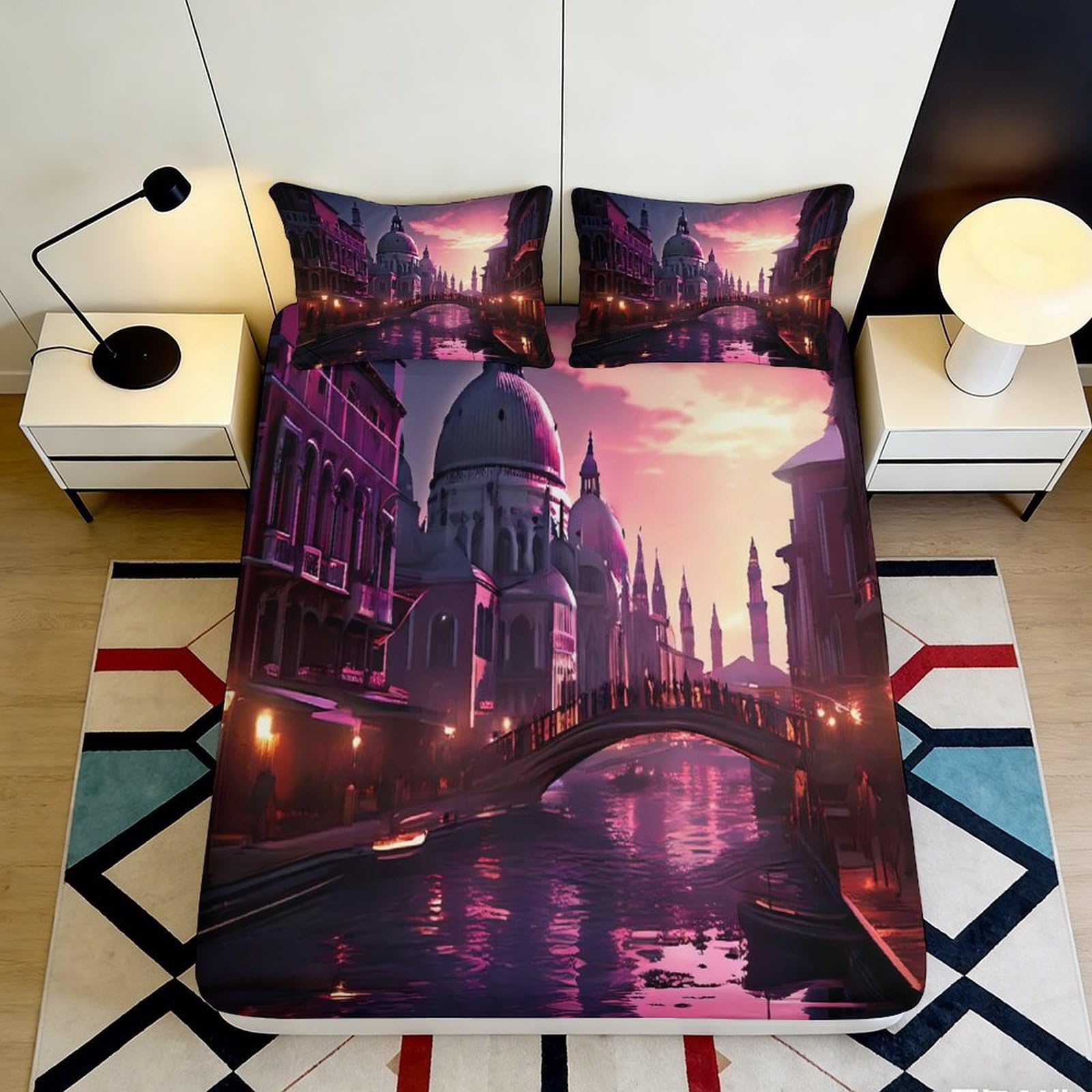 3D Printed Venice Sunset Fitted Sheet Microfiber Soft Art Cityscape Mattress Cover for Bedroom Guest Room Decor 90x200x25cm