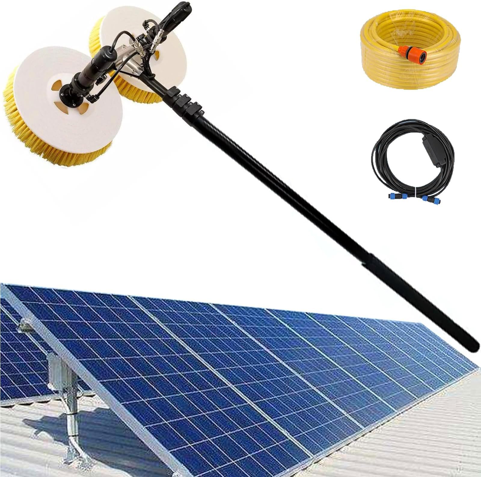 Dual-Head Solar Panel Cleaner with Telescopic Pole, Automatic Water Supply, High-Efficiency for Elevated Glass and PV Panel Cleaning