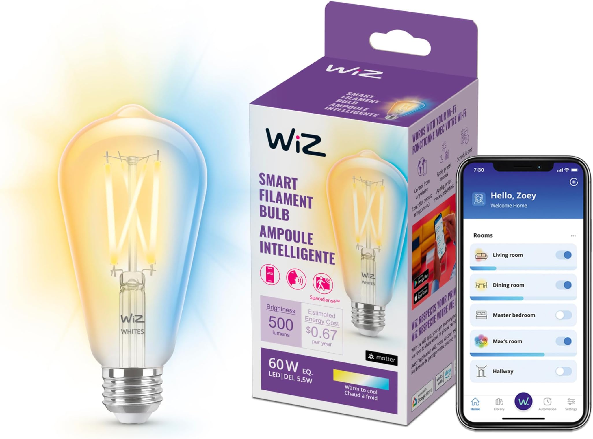 60W ST19 Tunable White Filament LED Smart Light Bulbs - Connects to Your Wi-Fi - E26 Smart Bulb - Control with Voice or App + Activate with Motion - Matter Compatible - 1 Pack
