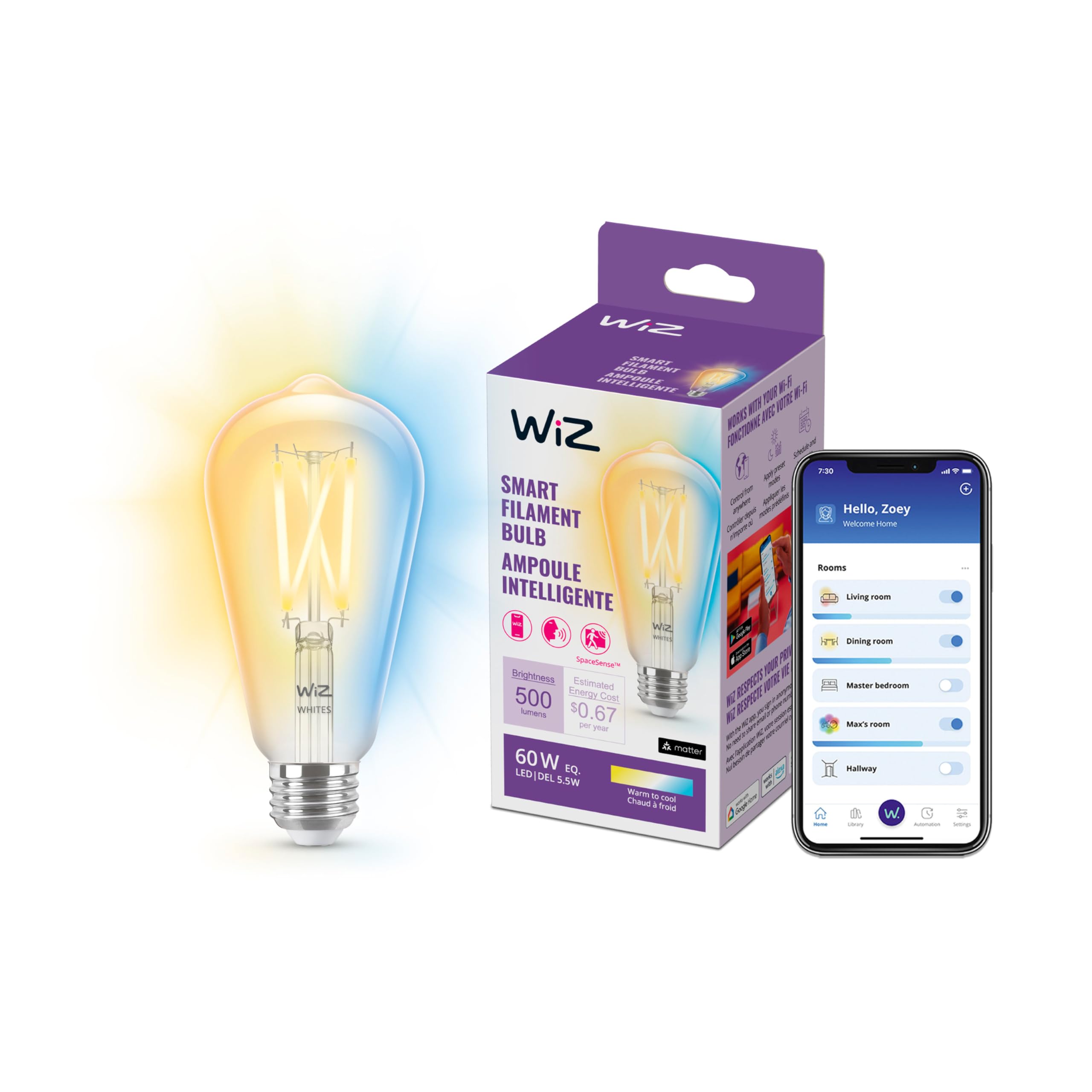 WiZ Connected 60W ST19 Tunable White Filament LED Smart Light Bulbs - Connects to Your Wi-Fi - E26 Smart Bulb - Control with Voice or App + Activate with Motion - Matter Compatible - 1 Pack