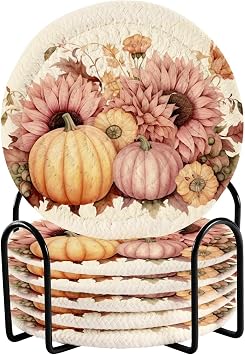 Fall Pumpkin 6 Pcs Coasters with Holder,Bar Coasters Set for Drinks,3.9" Round Table Coasters for Coffee Table Tabletop Protection Housewarming Gift for Home Decor 2010887