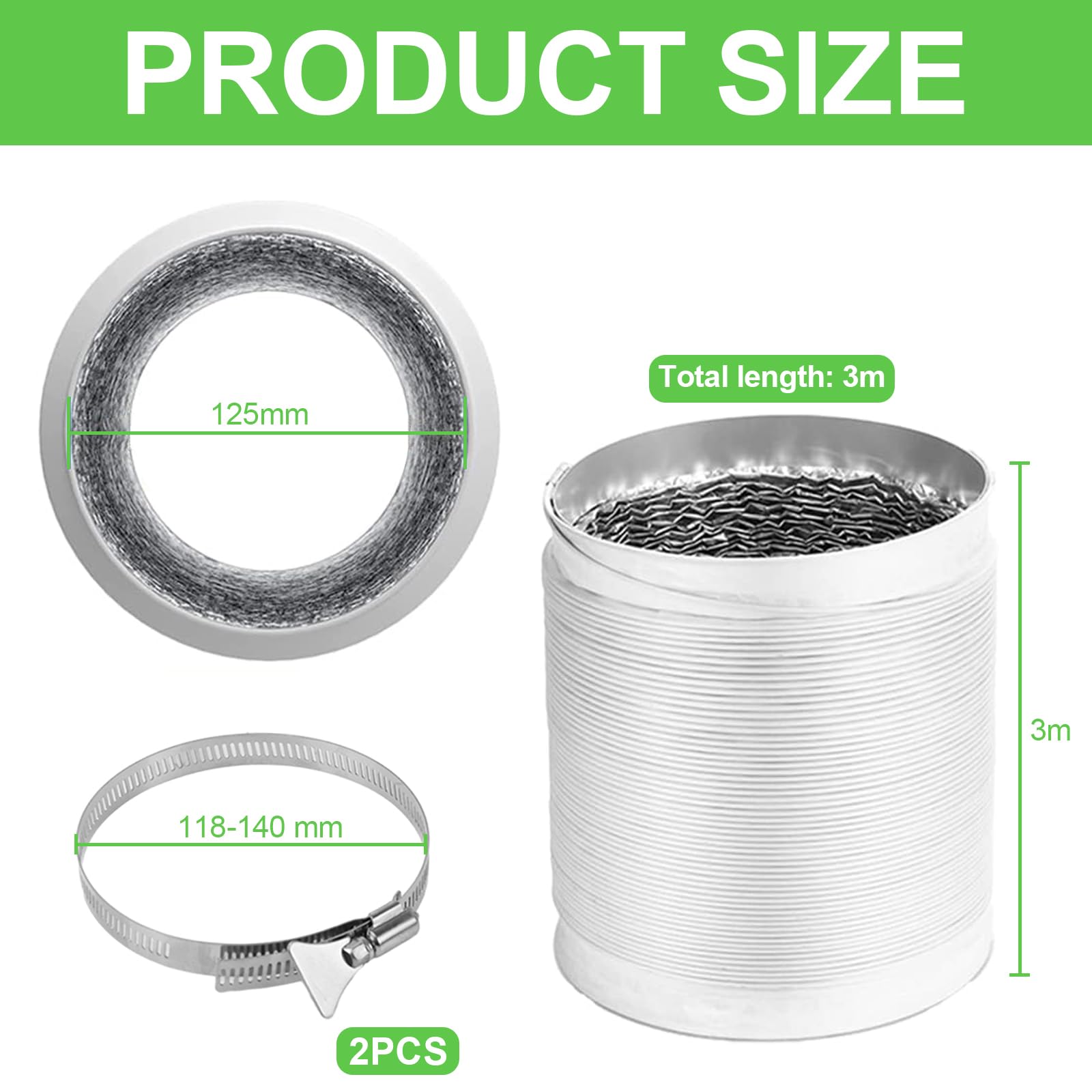 Abluftschlauch Weiß 125mm Länge 3m Aluminium Aluflexschlauch Flexibel PVC Alurohr Schlauch mit 2 Schlauchschelle Edelstahl für Klimaanlagen Wäschetrockner Abzugshaube Mobile Klimaanlage