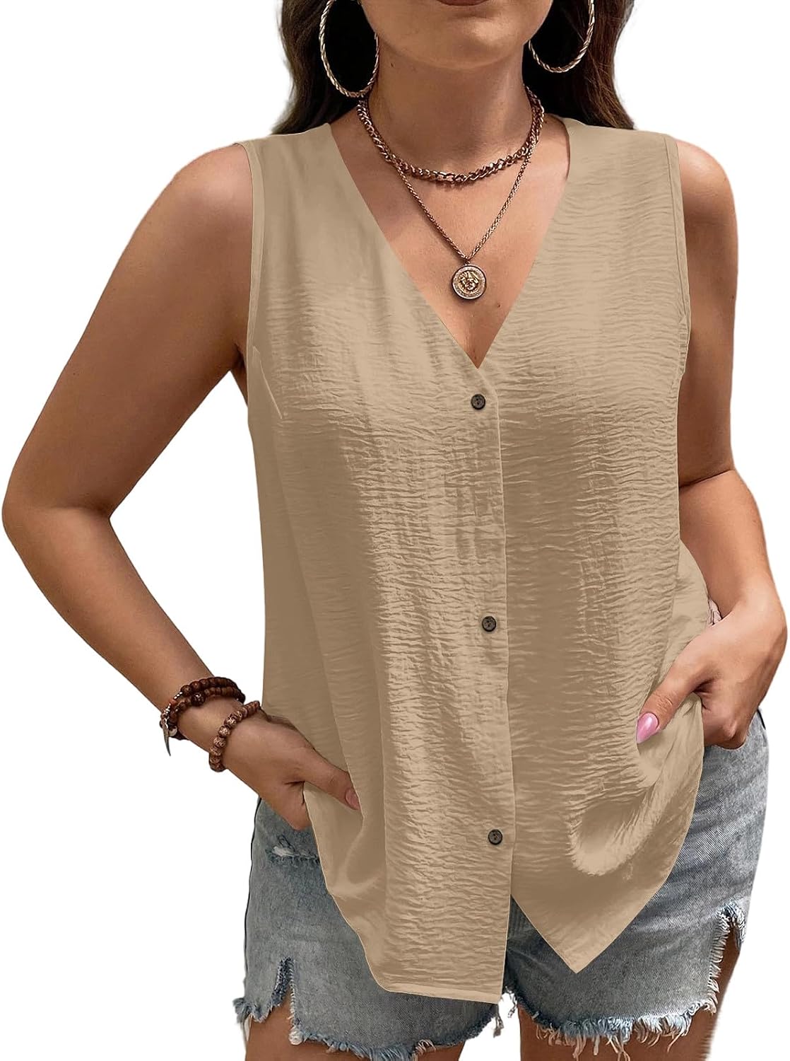 Womens Tank Tops V Neck Button Down Cute Summer Tops Loose Fit Casual Sleeveless Beach Vacation Clothes