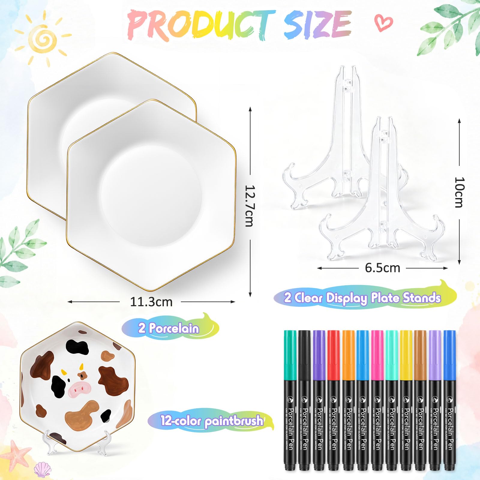 Sinmoe Set di Pittura Ceramica DIY 2 Piatti in Ceramica Vassoio da Portata Bianco 12 Penne in Porcellana per Lavastoviglie 2 Espositori e 1 Scatola Regalo per Pasqua Coppie Amici Famiglie (Esagonale)