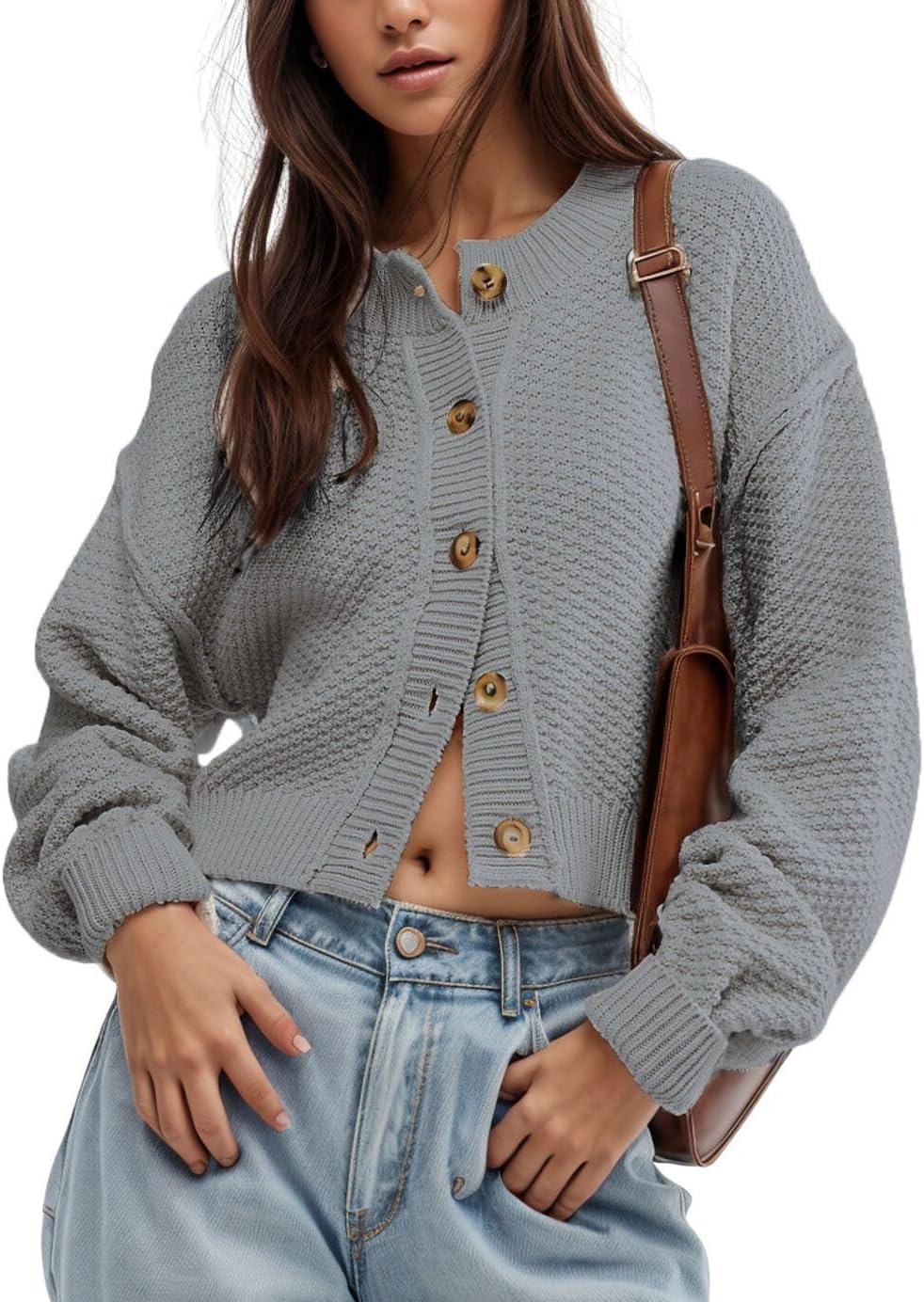 CHARTOU Women Casual Sweater Button Down Cardigan Crewneck Cropped Knit Jacket Outwear