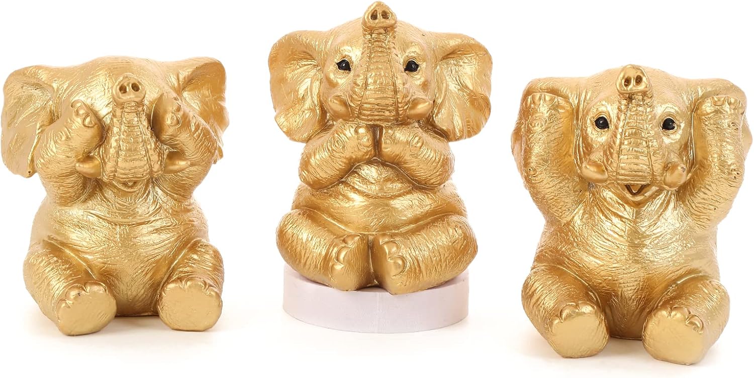 Set of 3 Gold Good Luck Elephant Statues Home Décor Cool Elephant Figurines for Shelf, Living Room Office Desktop, Bookshelf, Animal Sculptures Gifts,Small Decor Accents Items for Women