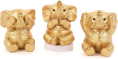 Juego de 3 estatuas doradas de elefante de buena suerte, decoración del hogar, figuras de elefante geniales para estante, sala de estar, oficina,
