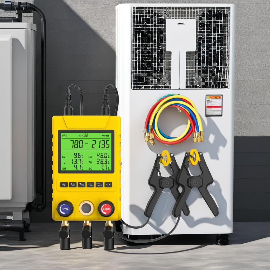 Digital Manifold Gauge Set HVAC and Refrigeration 2-Way Valve Manifold Gauges Digital HVAC Gauge Set with Thermometer Clamps and Refrigerant Charging Hose (Model AMT100B)