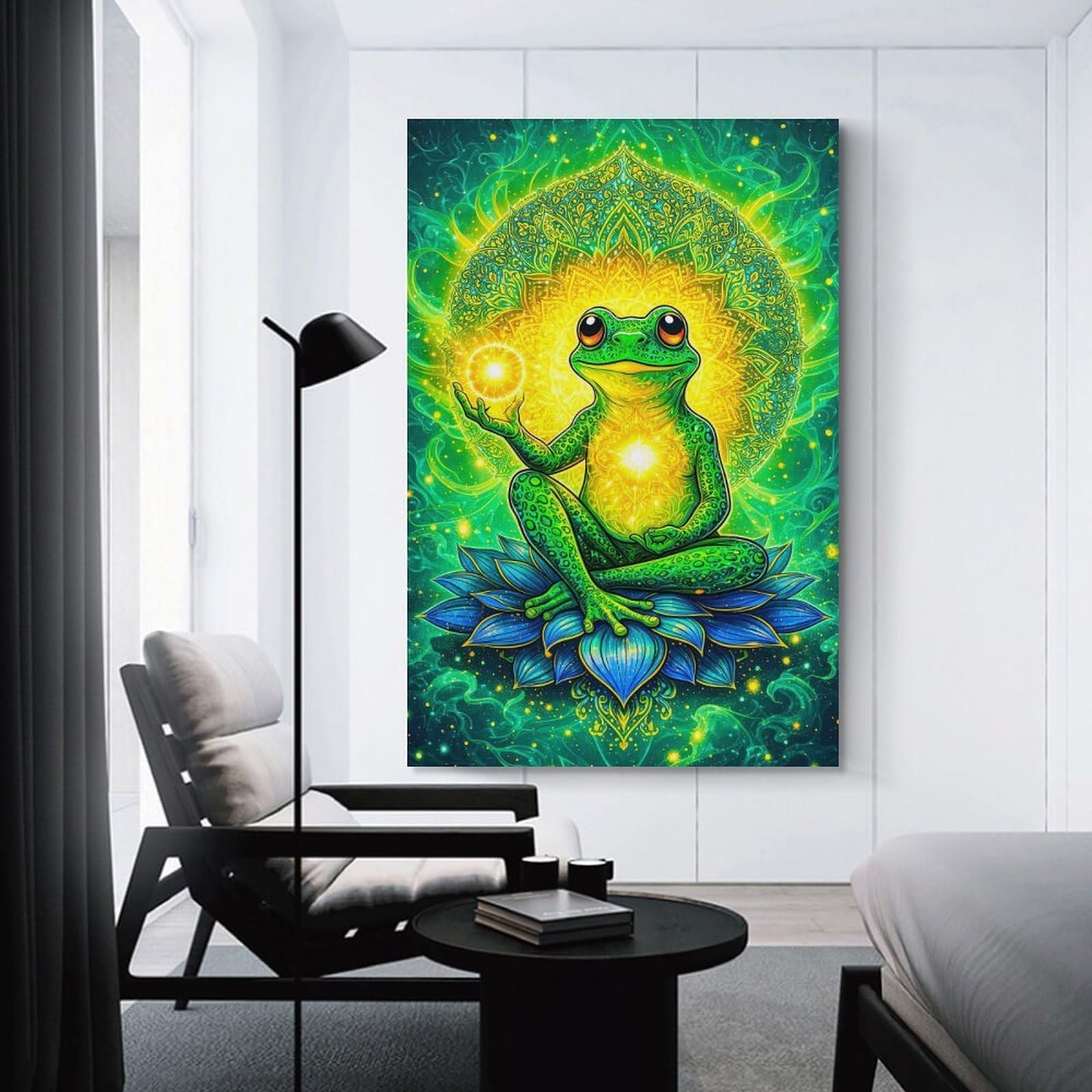 Junmoney Meditating Frog with Cosmic Mandala Wall Picture Print 24x36inch(60x90cm), for Bedroom Decor, Cosy Corners Or Studios, Home Artwork with A Soft Interior Feel