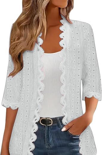 Crochet Lace Cardigan for Women Lightweight 3/4 Sleeve Fall Open Front Shrug Cover Ups Casual Outwear Coats