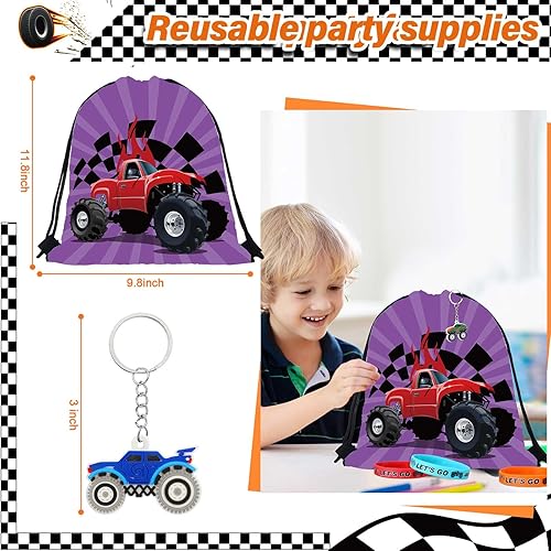 Miniatura 3 de Cunno 98 piezas de juguetes de fiesta de Monster Truck incluyen pajitas para beber camiones, mini llaveros, bolsa con cordón, blocs de notas en