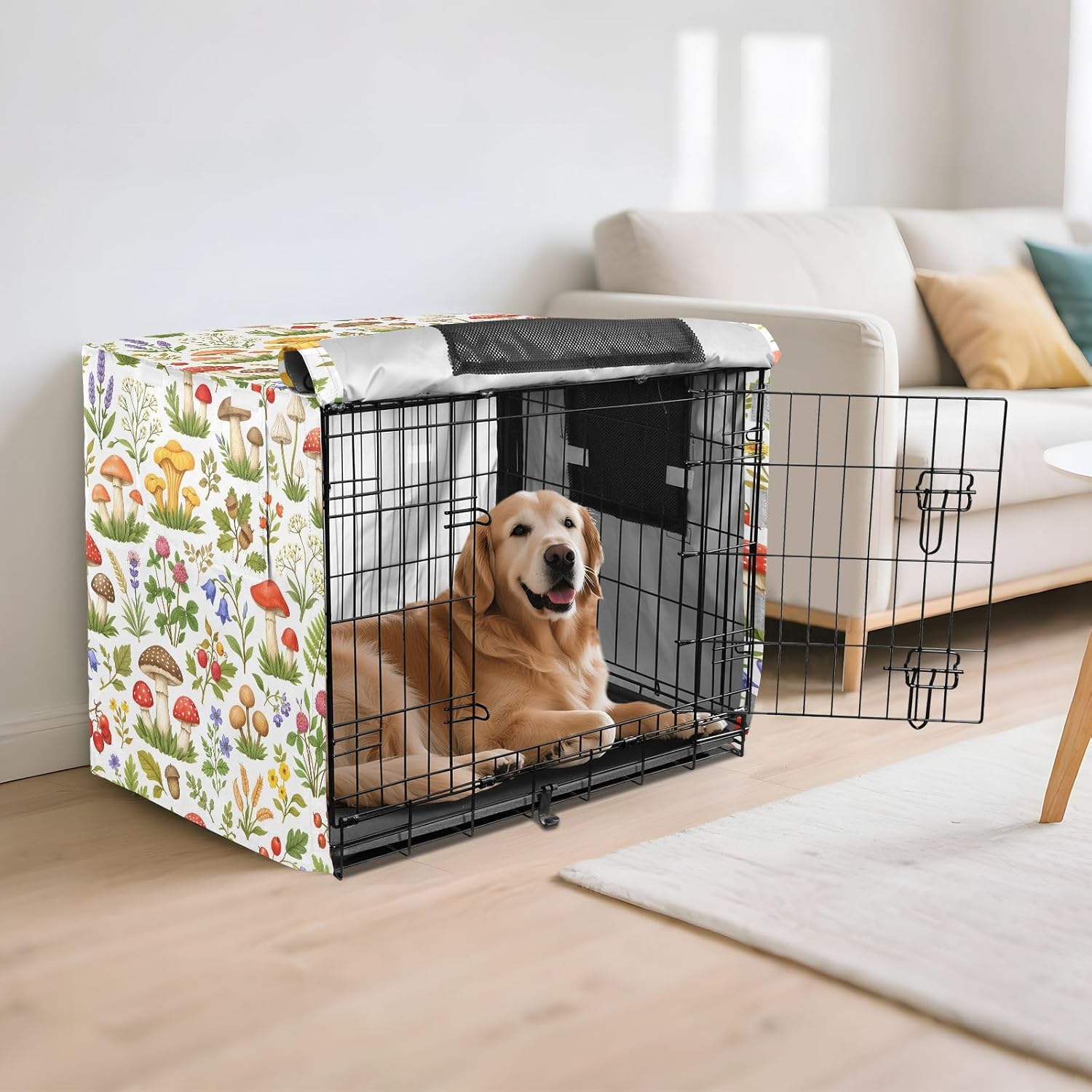 Colorful Wild Plants Dog Crate Cover 600D Oxford Pet Kennel Cover with Mesh Window for Dog Cages, Windproof Waterproof Machine Washable, 42"x28"x30"