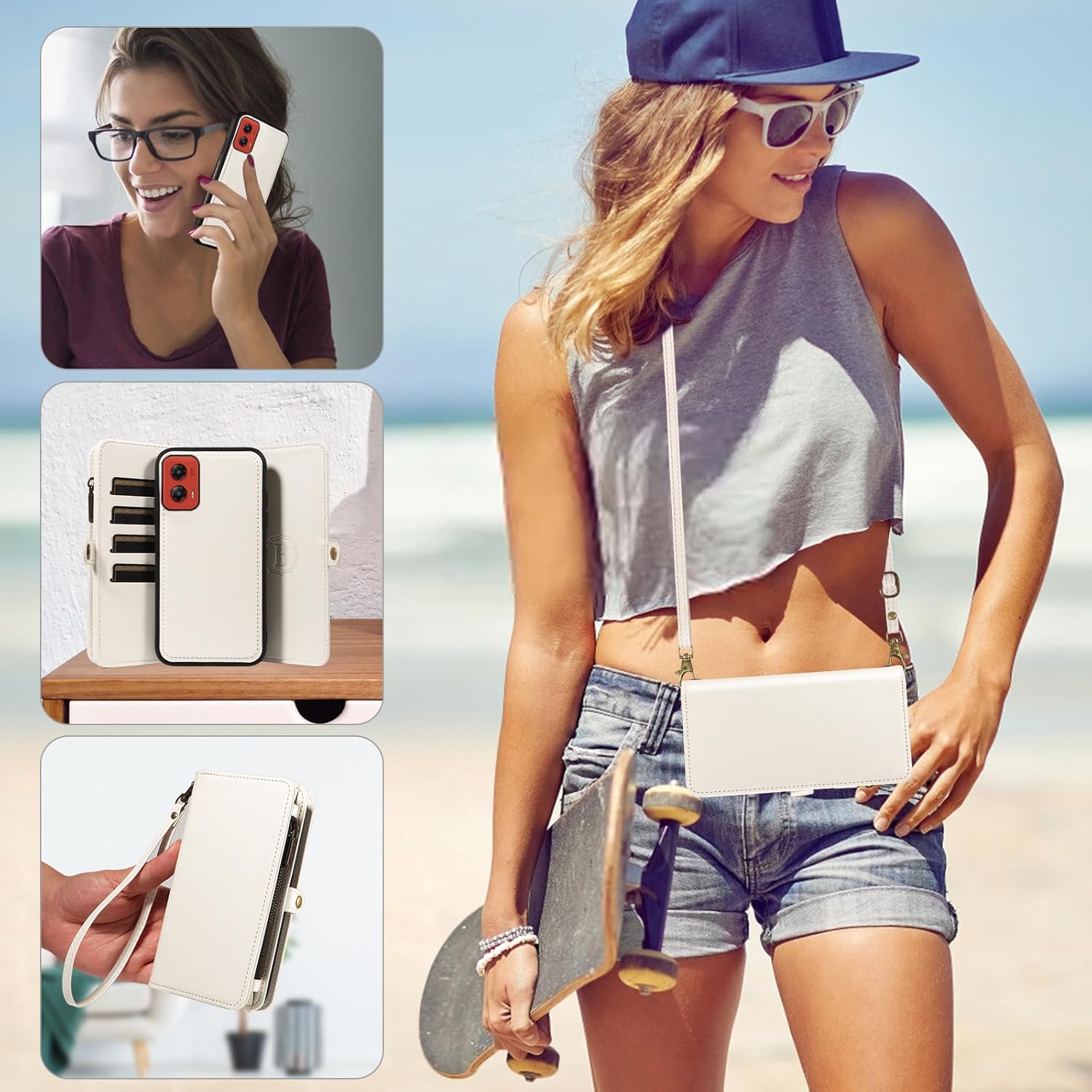 Asuwish Phone Case for Motorola Moto G Stylus 5G 2024 Zipper Wallet Detachable Cell Cover with Tempered Glass Screen Protector Crossbody Lanyard Strap Flip Card Holder Slot G5 XT2419-2 White