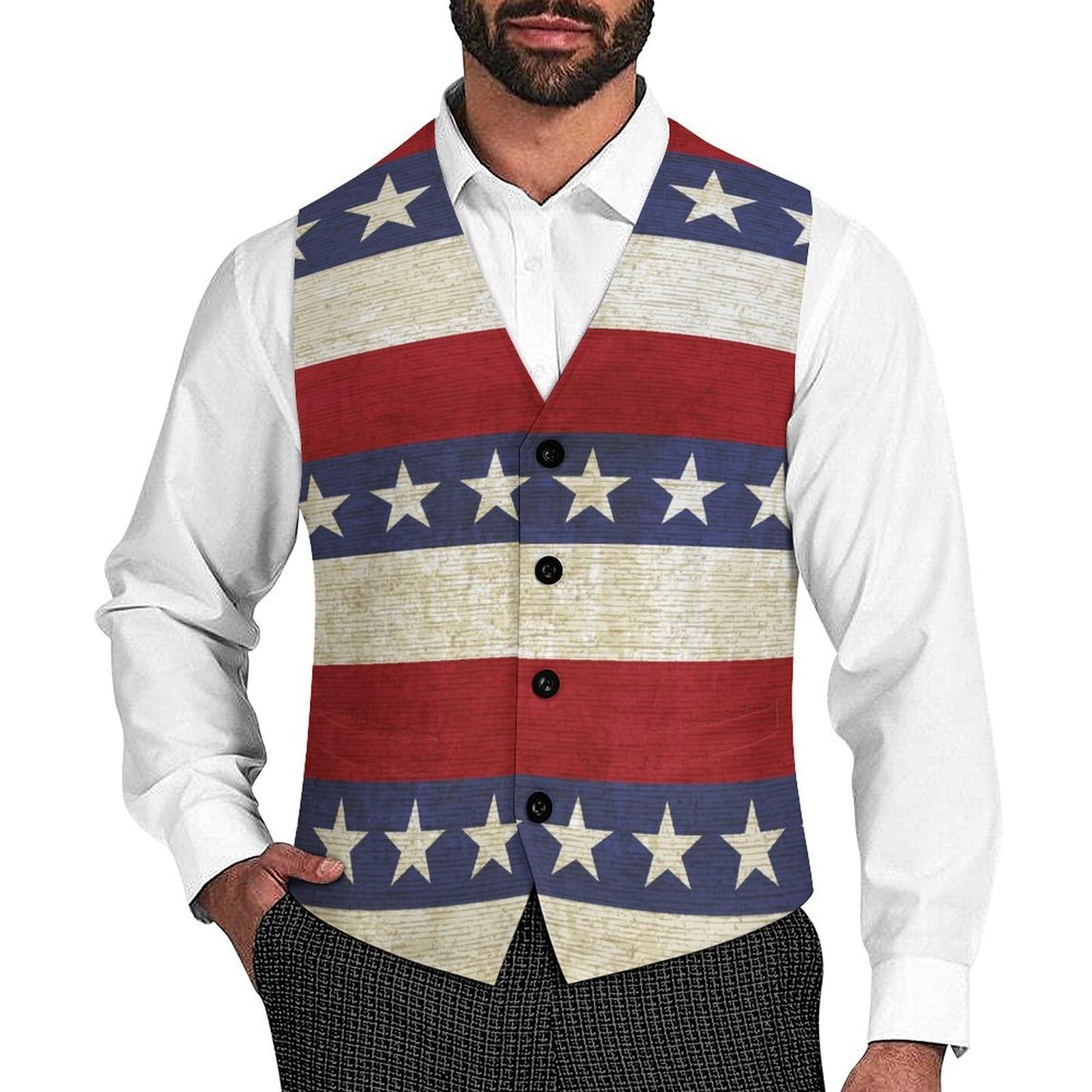 Jiufotk Unisex As Pic Vintage Usa Flag With Stripes And Stars Men's Suit Vest Slim Fit V-Ncek Waistcoat Business Casual Vest