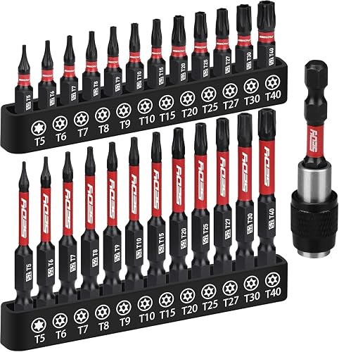 25-Piece Torx Bit Set, 1''&2.5'' Security Tamper Proof Torx Impact Screwdriver Bits, T5-T40 CNC Machined Magnetic Tips, S2 Steel Star Bit, High Torque Strength Precision Tools with Storage Box