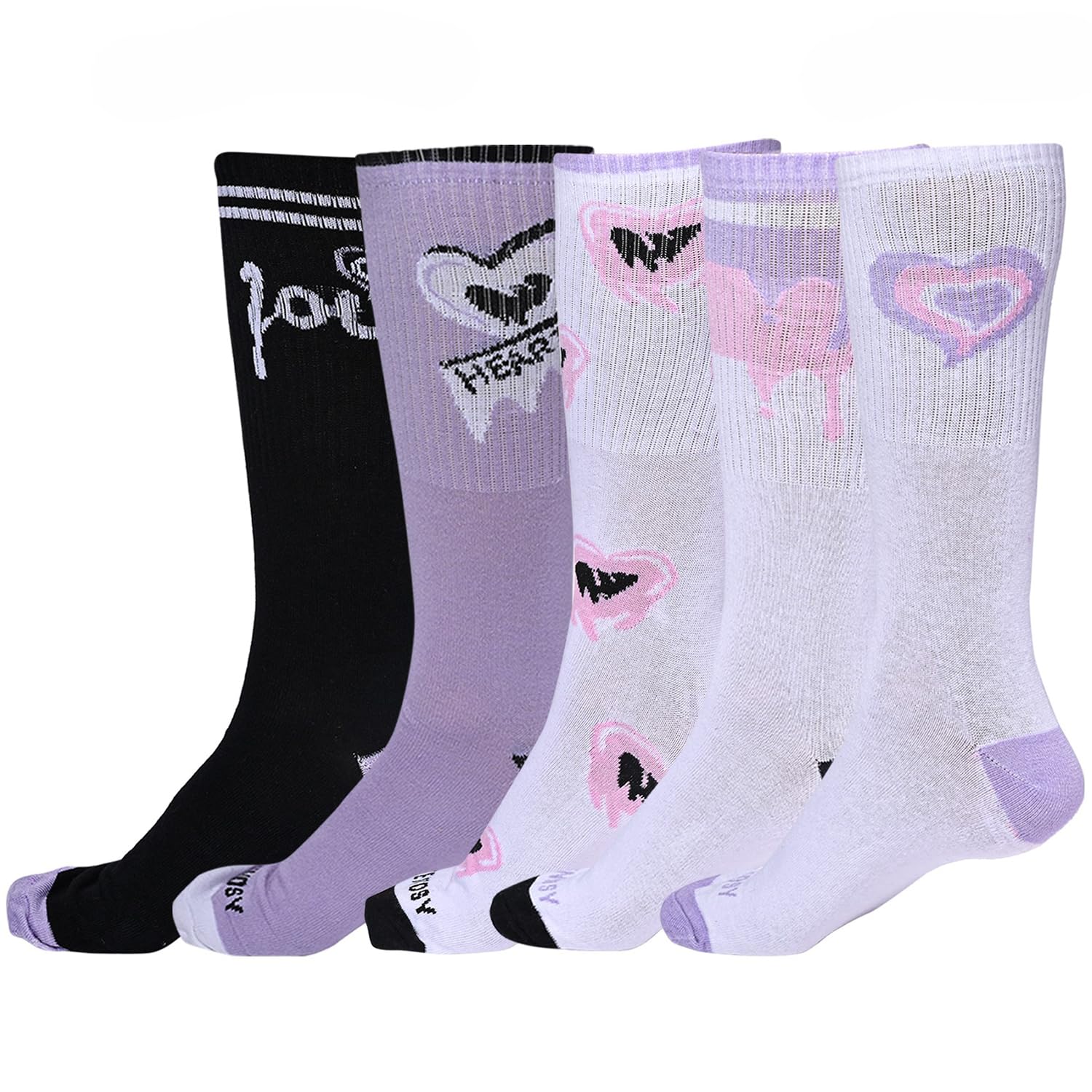 Heart Pattern Crew Socks, Cotton, Pack of 5, Black, White and Purple-image-25