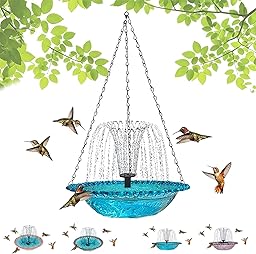 Solar-Kaskaden-Vogeltränke-Brunnen – Hängende Vogeltränke für den Außenbereich mit solarbetriebener Pumpe und Kaskaden-Wasserspieleinsatz für Garten Terrasse und Balkon (Blue B)