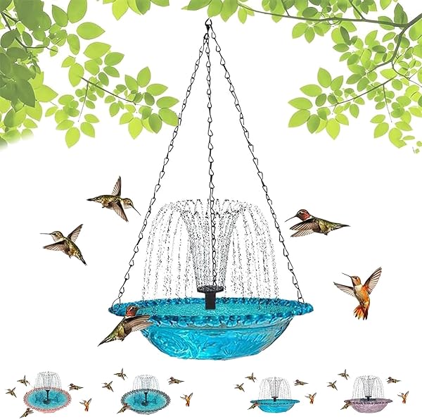 Solar-Kaskaden-Vogeltränke-Brunnen – Hängende Vogeltränke für den Außenbereich mit solarbetriebener Pumpe und Kaskaden-Wasserspieleinsatz für Garten Terrasse und Balkon (Blue B) - 1