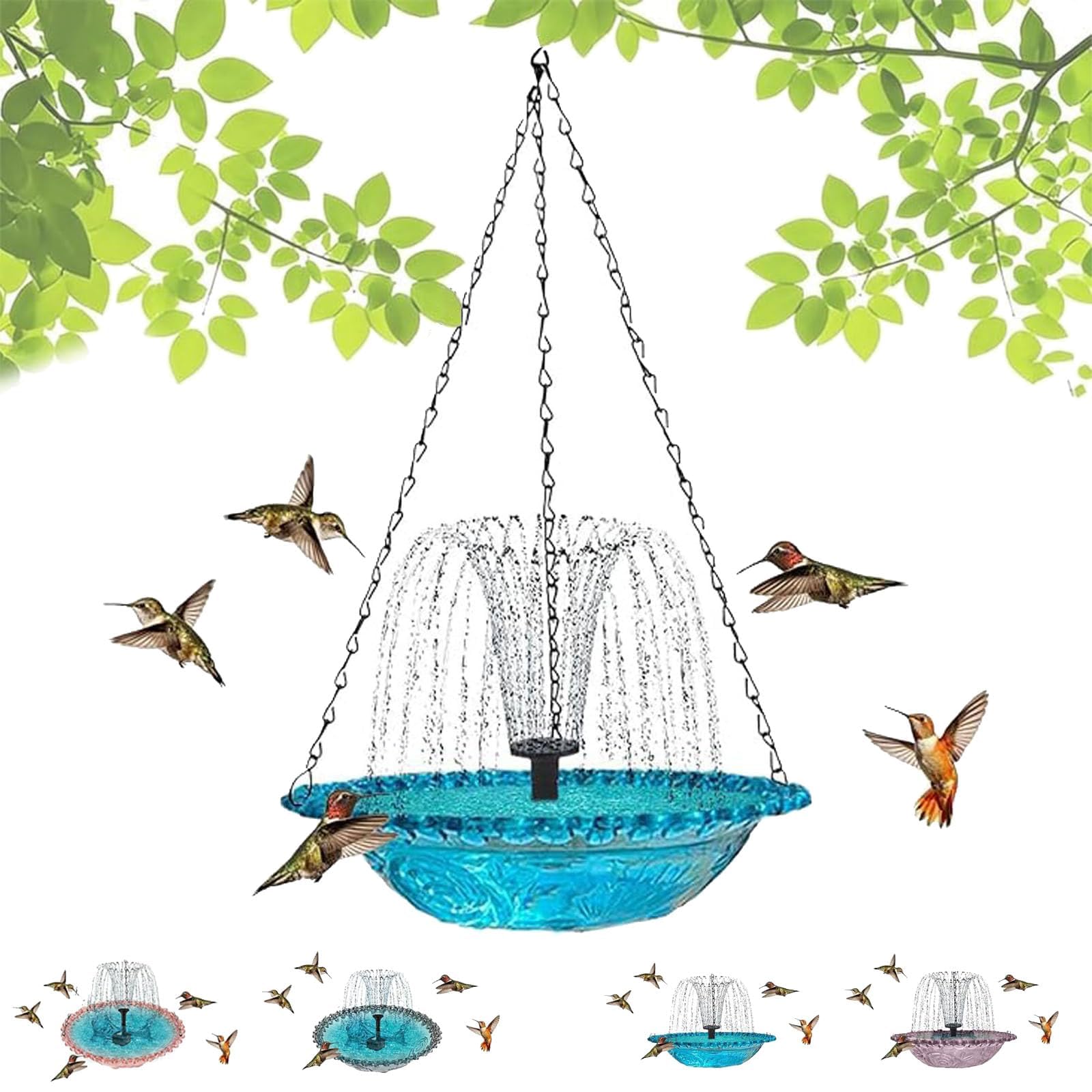Solar-Kaskaden-Vogeltränke-Brunnen – Hängende Vogeltränke für den Außenbereich mit solarbetriebener Pumpe und Kaskaden-Wasserspieleinsatz für Garten Terrasse und Balkon (Blue B) - 2