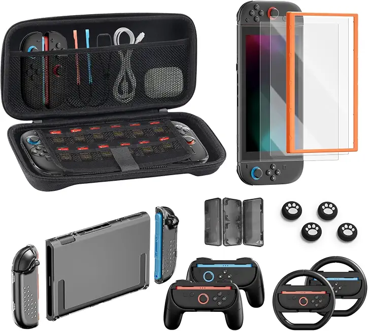 LCLALAY Switch 2 Accessories Bundle, 16 in 1 Game Kit: Carrying Case, Two Screen Protector with Alignment Frame, Steering Wheel for Mario Kart, Grip for joycon Controller Console Protective Cover
