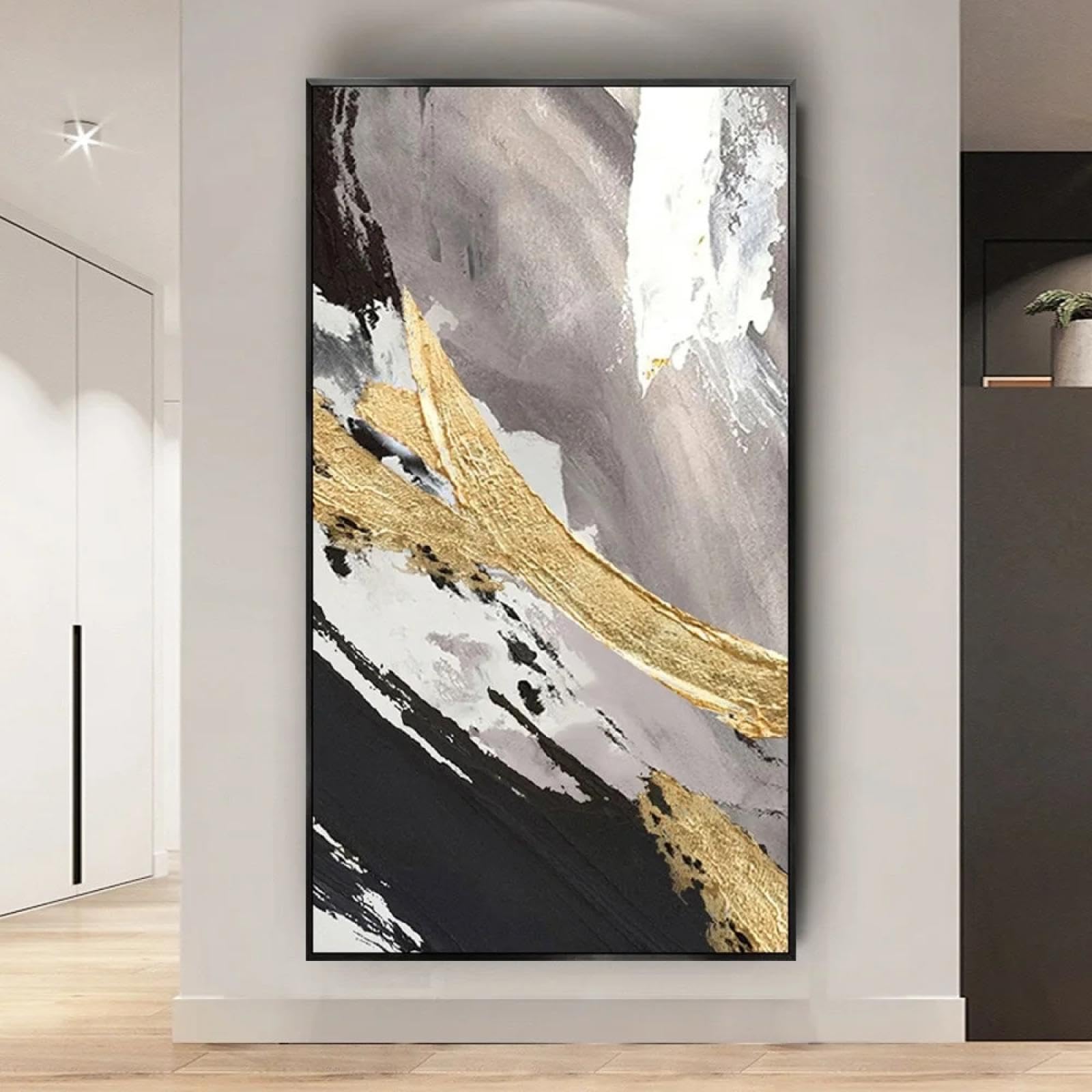 YAJNILUCK Modny abstrakcyjny obraz do dekoracji domu piękne obrazy olejne złotoszara tekstura płótno sztuka ścienna farba nowoczesny plakat 80 x 160 cm (31 x 63 cale) z ramą