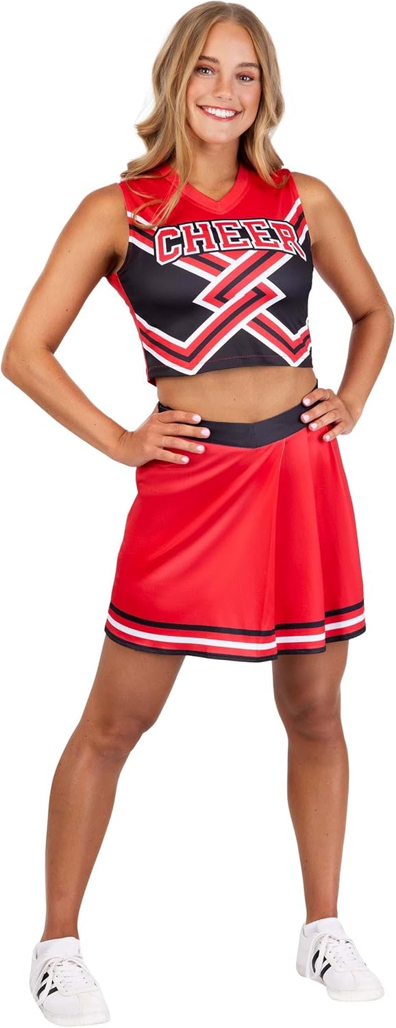 Red Black Leather Cheerleader Outfit – Sexy Cheerleader Costume Crop Top & Skirt Set