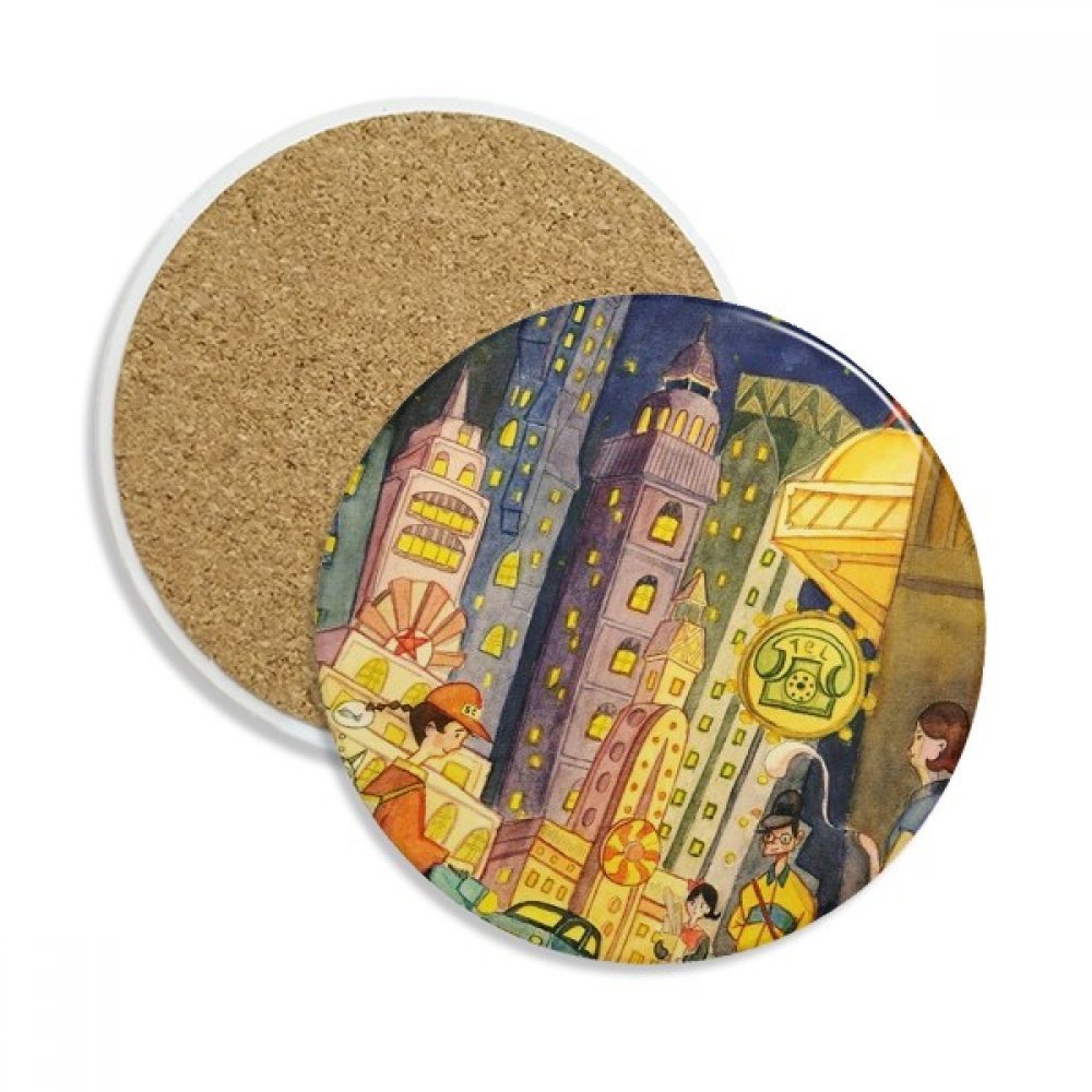 Coaster en céramique pour table basse et bureau dessous de verre chat ville aquarelle 2Pcs