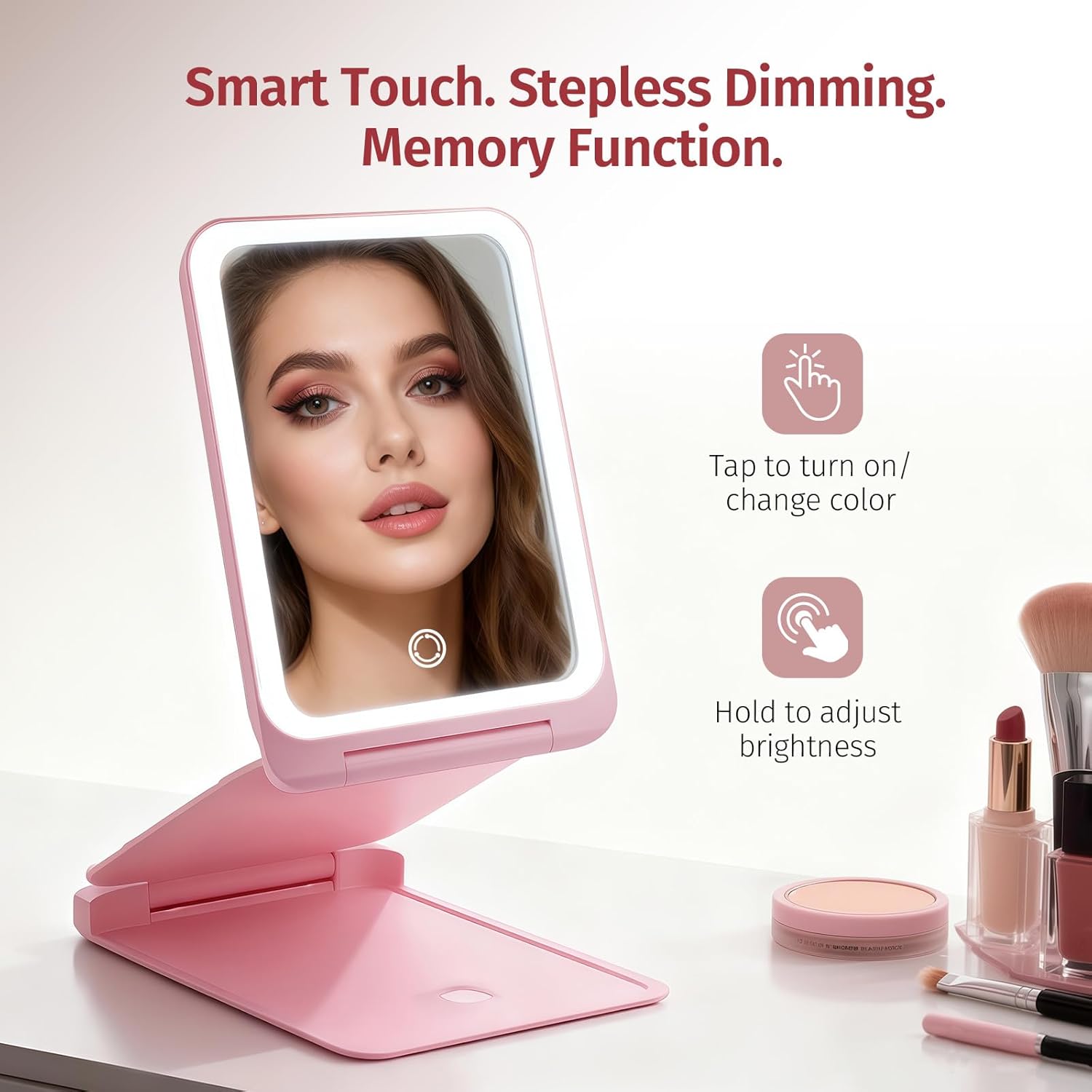 INFOOD Travel Makeup Mirror - Rechargeable LED Vanity Mirror 7.8x5 Inches with 1X/3X Magnifying, 3 Color Dimmable Light, Touch Screen, Foldable Design with Stand, Portable for Travel & Cosmetic, Pink