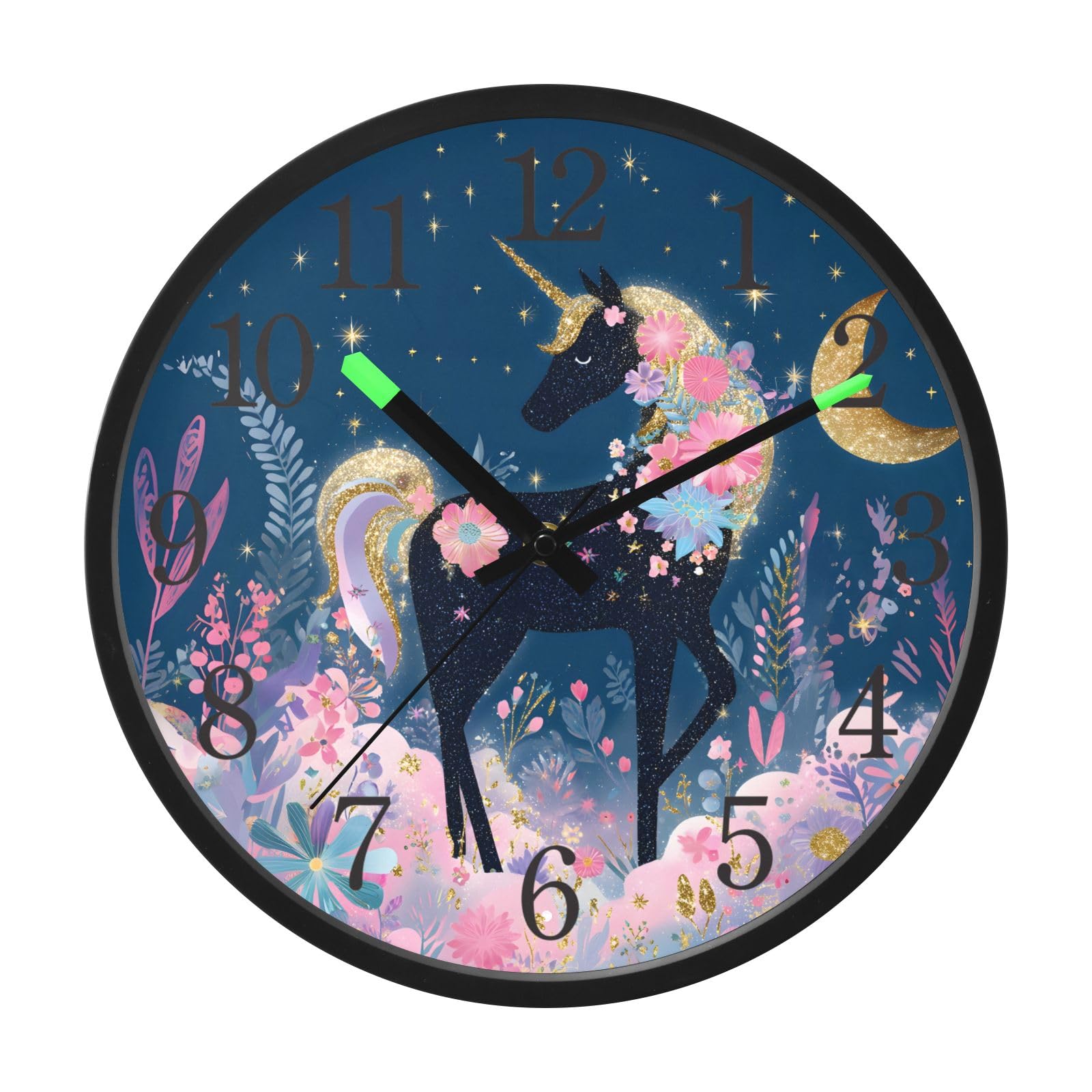 Horloge murale lumineuse sans tic-tac déco fleurs de licorne