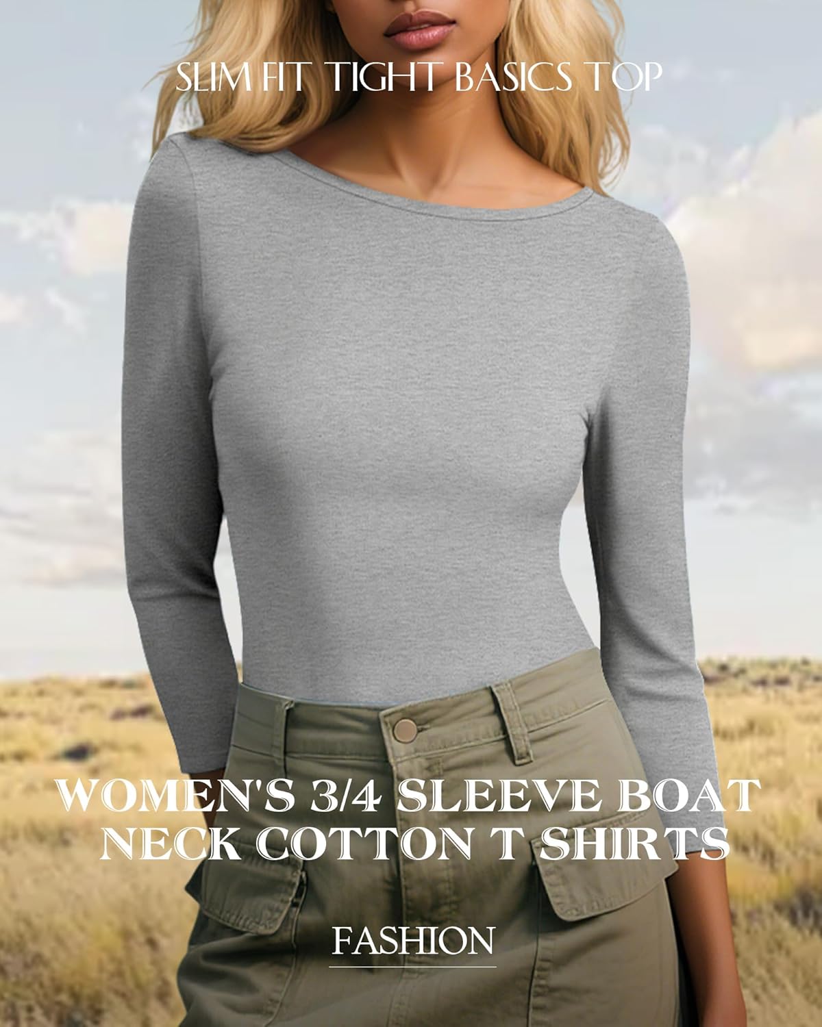 Ficerd 3 Pack Women's 3/4 Sleeve Boat Neck T Shirts Slim Fit Tight Basics Top Casual Comfy Tops - Image 2