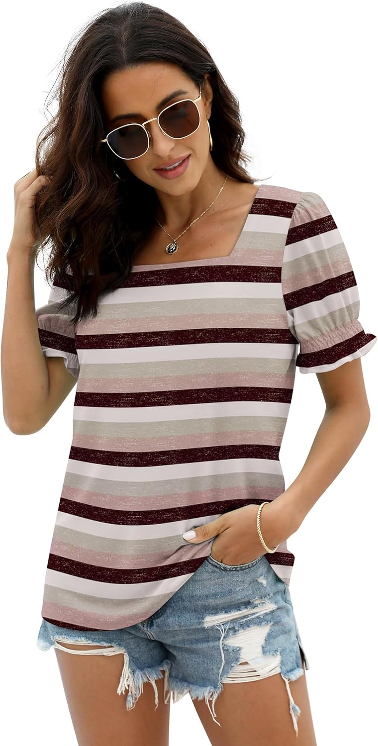 WIHOLL Tops for Women Summer Casual Ruffle Trim Sleeve Square Neck T Shirts thumbnail